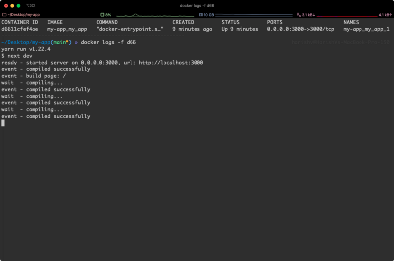 Screenshot of the terminal after using docker logs -f <container_id>.