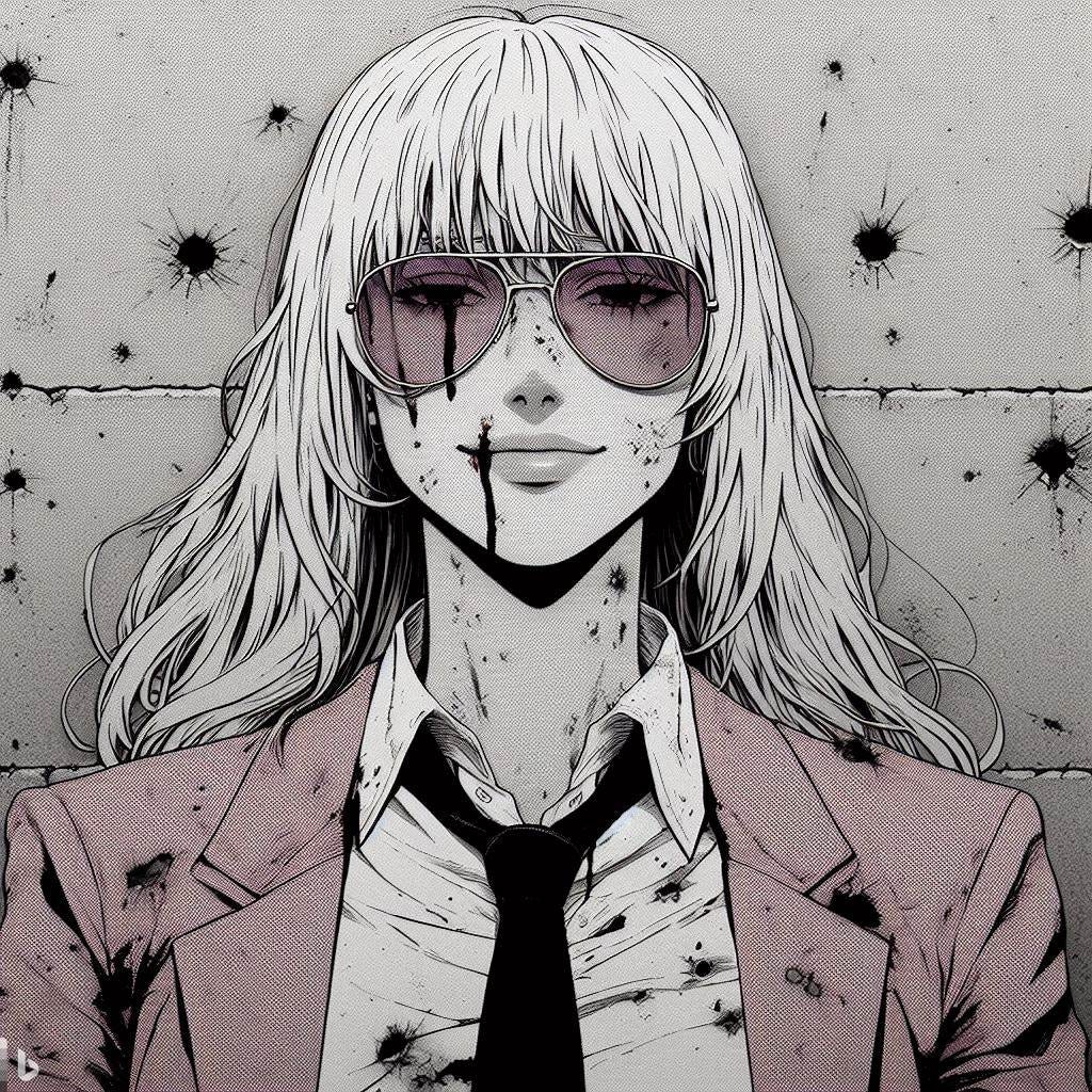 A tall woman with long, straight, blonde hair and bangs, wearing a dirty pink 80's style business suit with a black tie tie and broken pink aviator shades, laying against a concrete wall riddled with bullet holes, a trickle of blood running down her forehead, smirking, injured, covered in dirt, seen from straight ahead, close up on face, gray color filter, manga art style