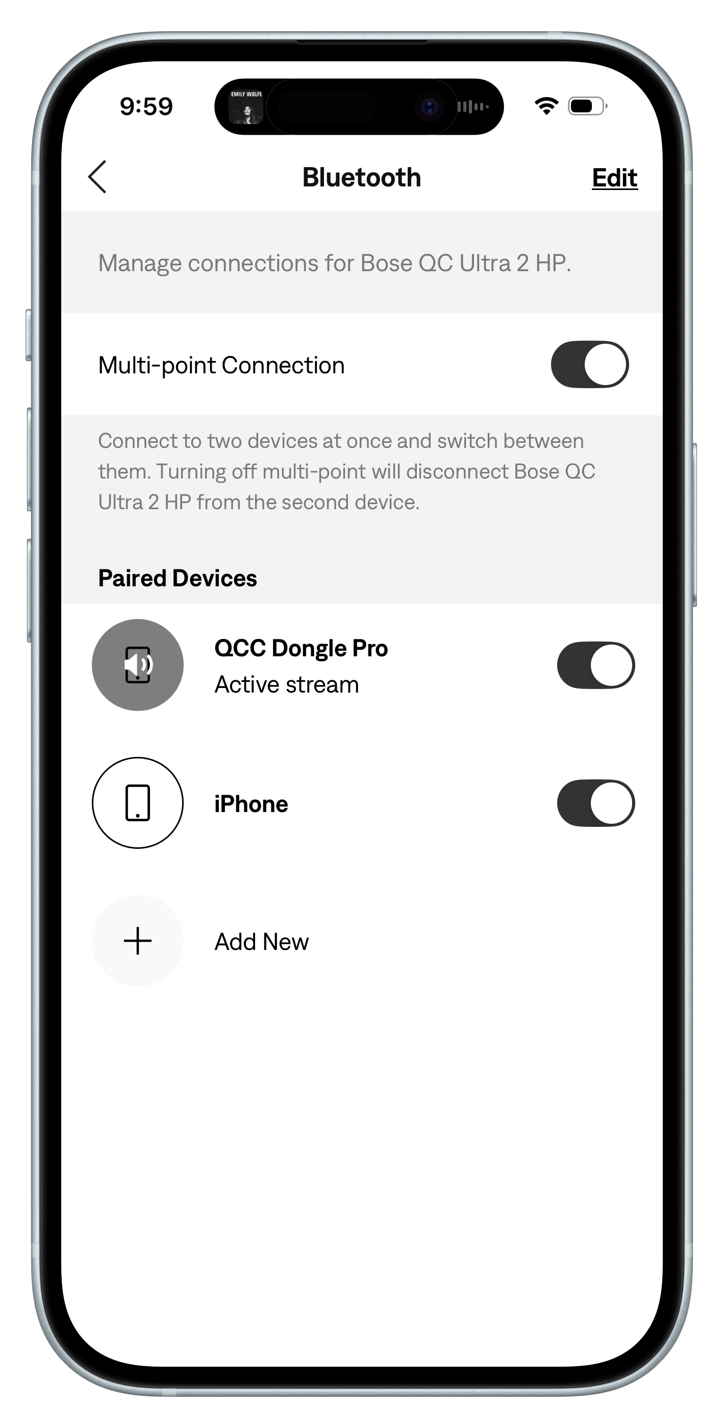 Bose app showing details for the QuietComfort Ultra 2 HP's connections. Bose app showing details for the QuietComfort Ultra 2 HP's connections.