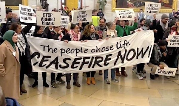 Pro-Gaza protesters get arrested in the U.S. Capitol Rotunda on Tuesday, Dec. 19, 2023. (Video screenshot)