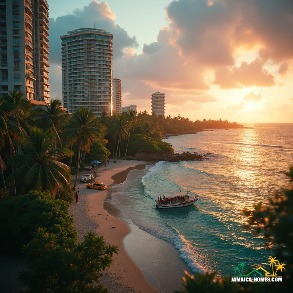 High-rise condos soaring above Montego Bay’s coast, reflective glass towers with tropical greenery spiraling upward, elevated walkways crossing between buildings, fishing boats on the water below