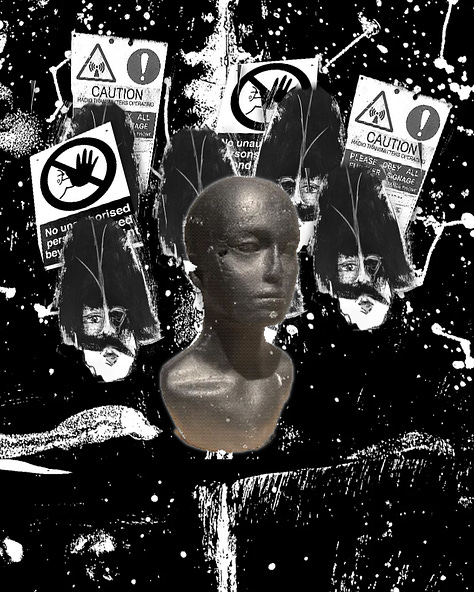 Image 1 shows a head with some handdrawn angry people behind it holding signs, The second image shows the same head in a glitchy TV static world and the third shows the head surrounded by surreal masks. 