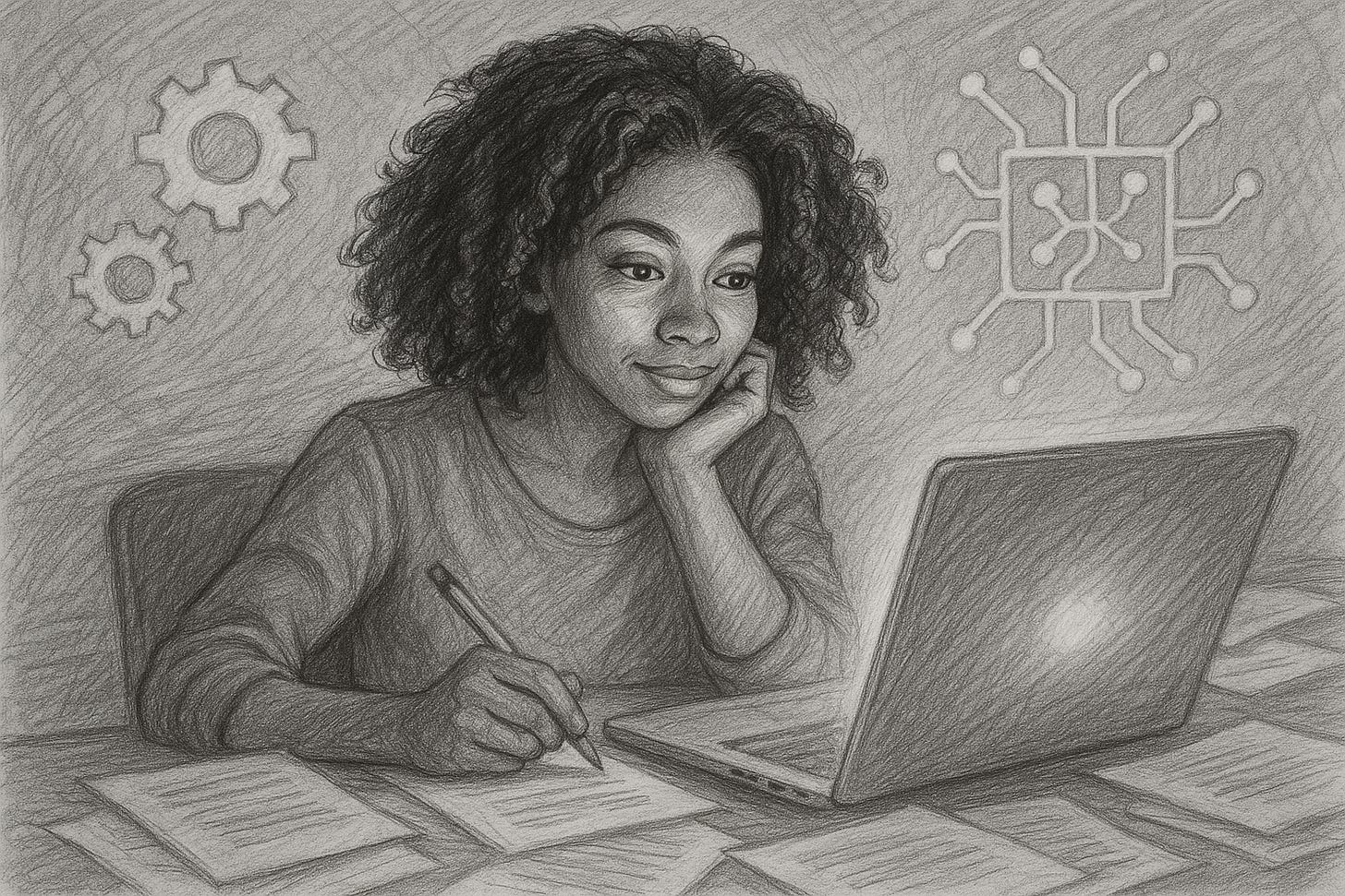 pencil drawing of women studying AI