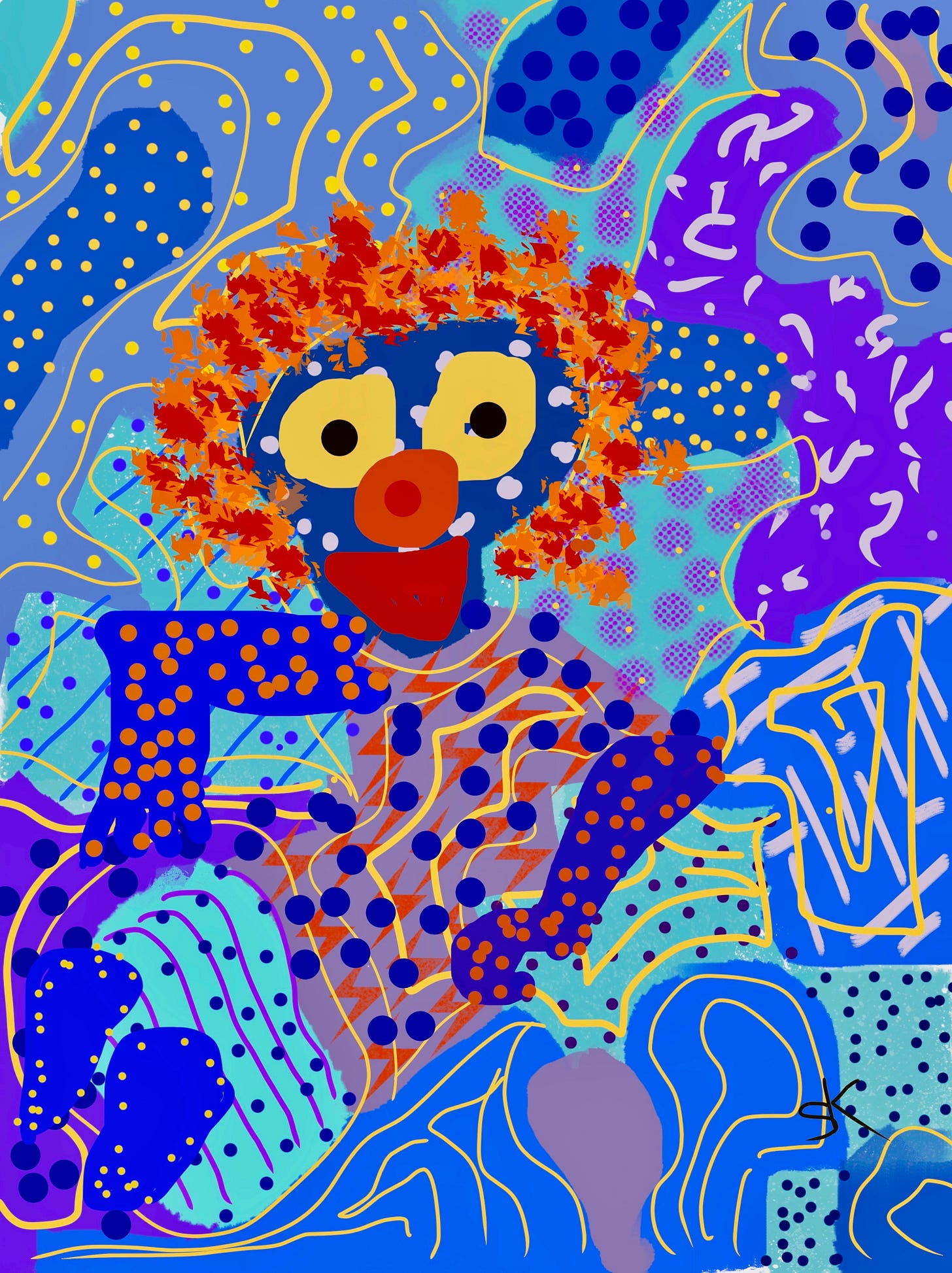 Whimsical redheaded clown by Sherry Killam Arts against a background of chaotic marks that suggest confusion. Whimsical redheaded clown by Sherry Killam Arts against a background of chaotic marks that suggest confusion.