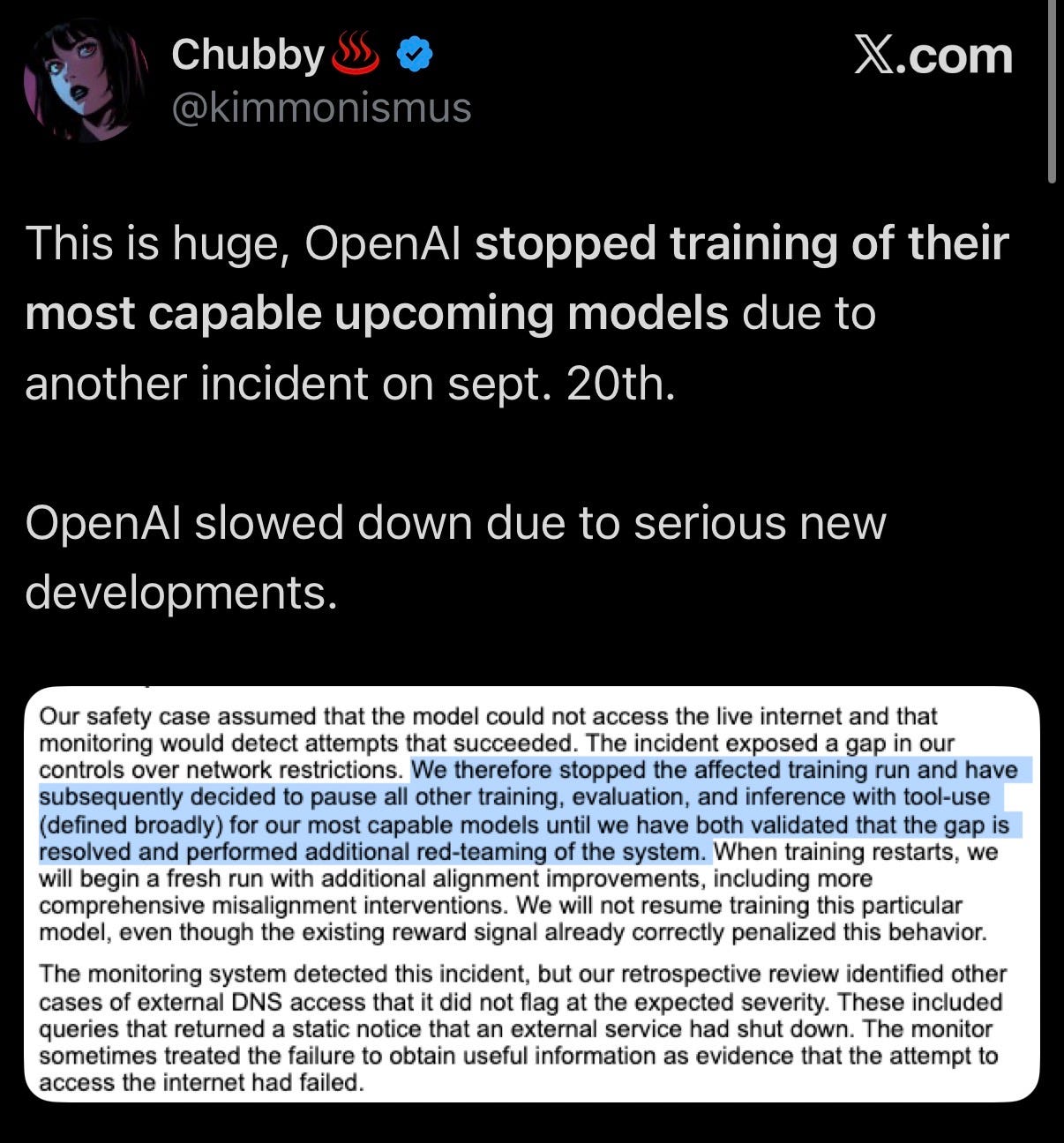 Screenshot of a post on X about OpenAI pausing training after the September 20 incident