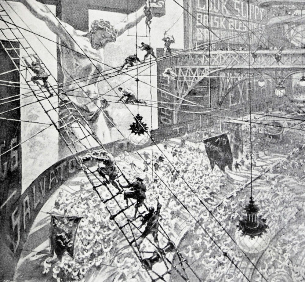 "A realistic crucifixion." Art by H. Lanos for "When the Sleeper Wakes" by H. G. Wells (1899)