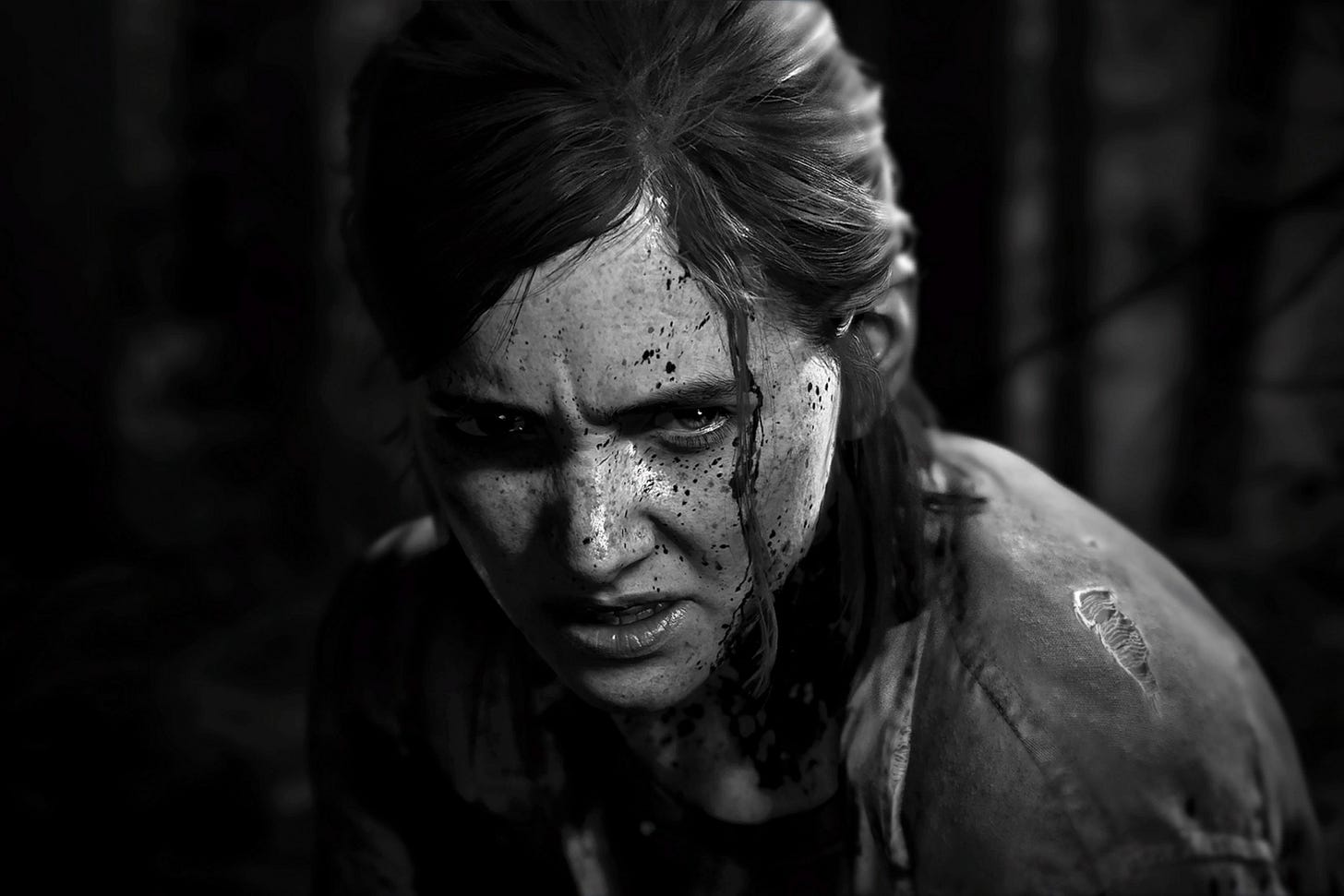 Black and white image of Ellie from The Last of Us