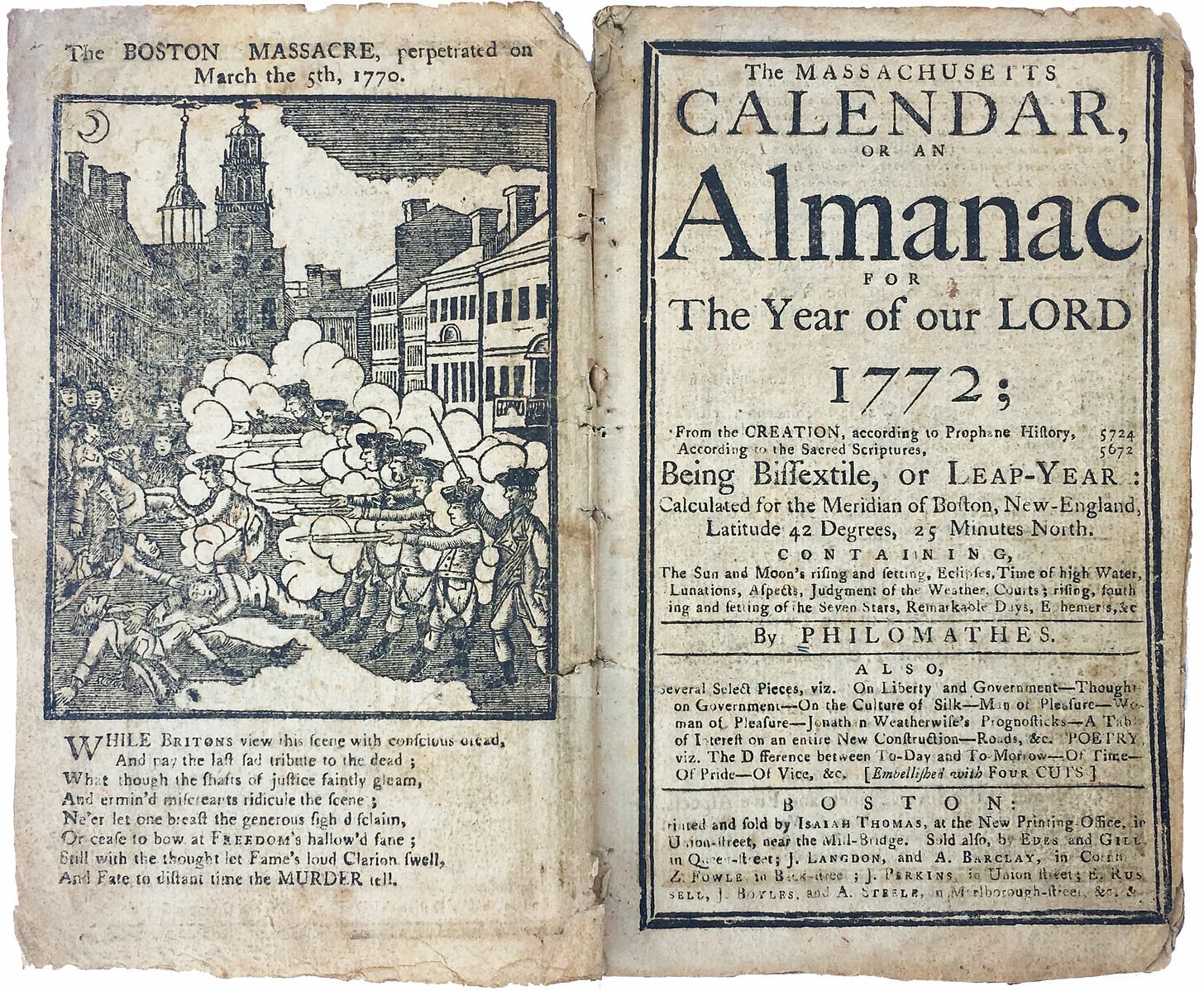 Rare 1771 edition of Paul Revere's iconic view of the Boston Massacre, from  "the Massachusetts Calendar" - Rare & Antique Maps