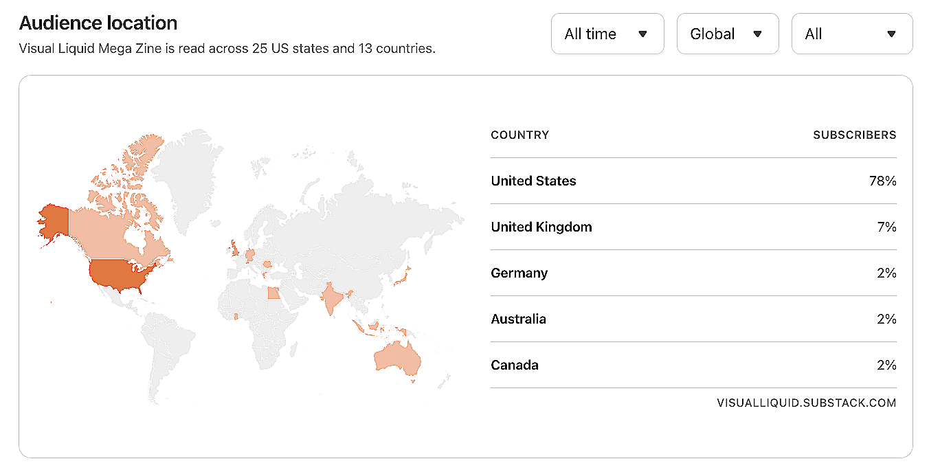 Audience location Visual Liquid Mega Zine is read across 25 US states and 13 countries.