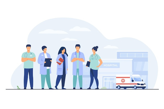 Group of doctors standing at hospital building. team of practitioners and ambulance car