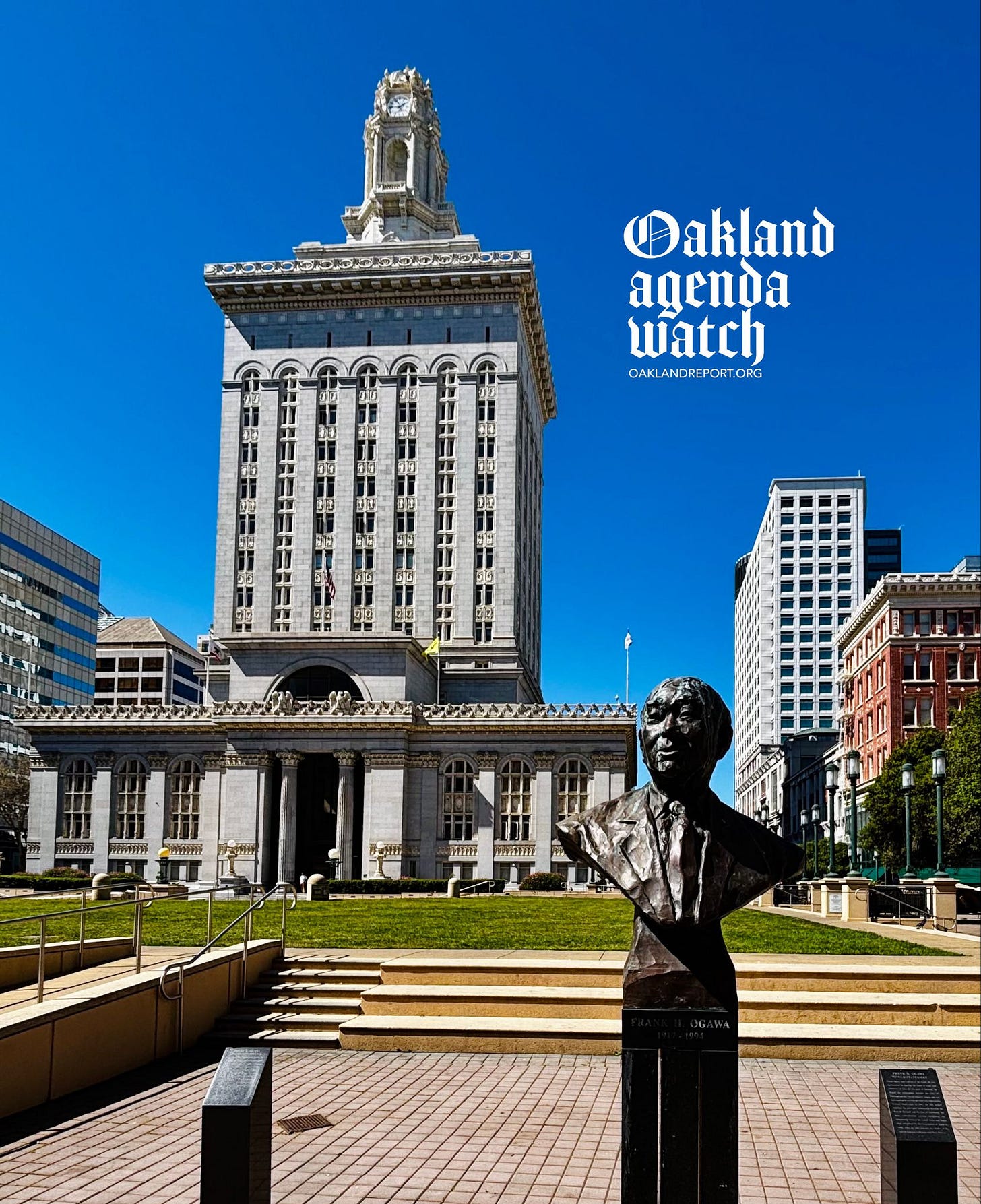An audit of the city’s Revenue Bureau found that it effectively stopped doing its job for much of the audit period, allowing up to $12 million to go uncollected while the city’s General Purpose Fund posted multi-million-dollar deficits – despite record-high revenues. (Image: Oakland City Hall and statue of Frank H. Ogawa on Mar. 18, 2026 / Oakland Report) An audit of the city’s Revenue Bureau found that it effectively stopped doing its job for much of the audit period, allowing up to $12 million to go uncollected while the city’s General Purpose Fund posted multi-million-dollar deficits – despite record-high revenues. (Image: Oakland City Hall and statue of Frank H. Ogawa on Mar. 18, 2026 / Oakland Report)
