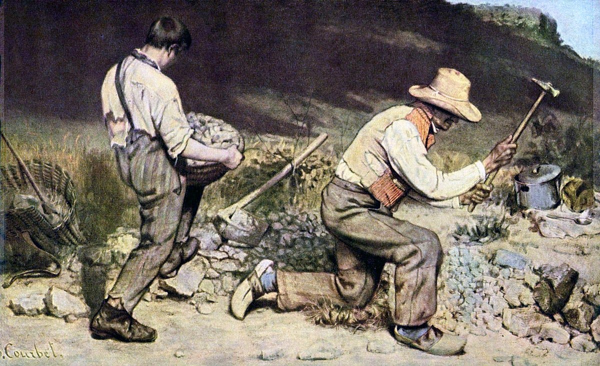 Two laborers breaking stones by a road Two laborers breaking stones by a road