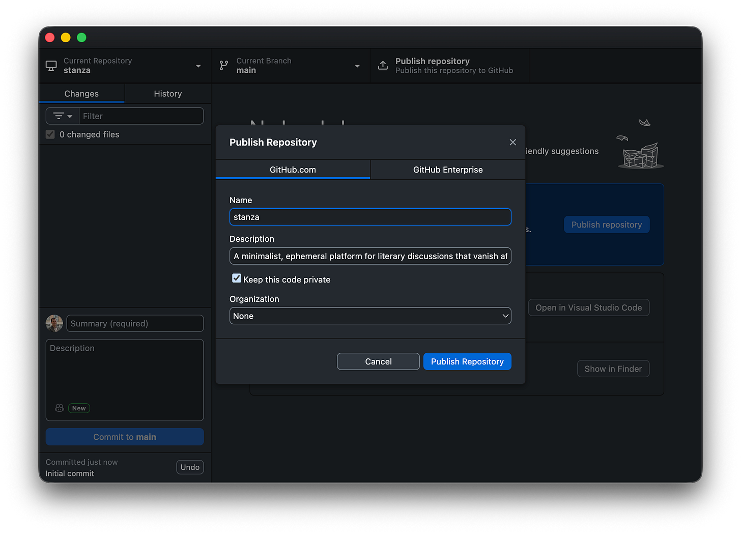 A popup window in GitHub Desktop shows the publish settings with the repository name, description, and a checkbox to keep the code private. A popup window in GitHub Desktop shows the publish settings with the repository name, description, and a checkbox to keep the code private.