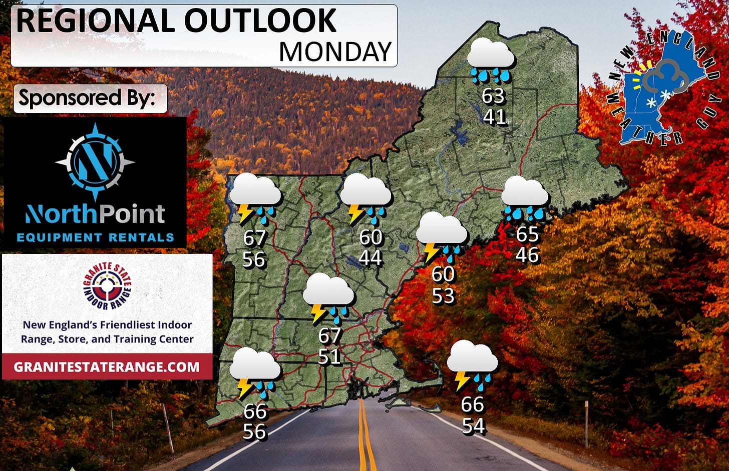 May be an image of map and text that says 'REGIONAL OUTLOOK MONDAY Sponsored By: 63 41 NorthPoint EQUIPMENT RENTALS 67 56 60 44 65 46 New England's Friendliest Indoor Range, Store, and Training Center 60 53 GRANITESTATERANGE.COM 67 51 66 56 66 54 ッン ከማየአ'