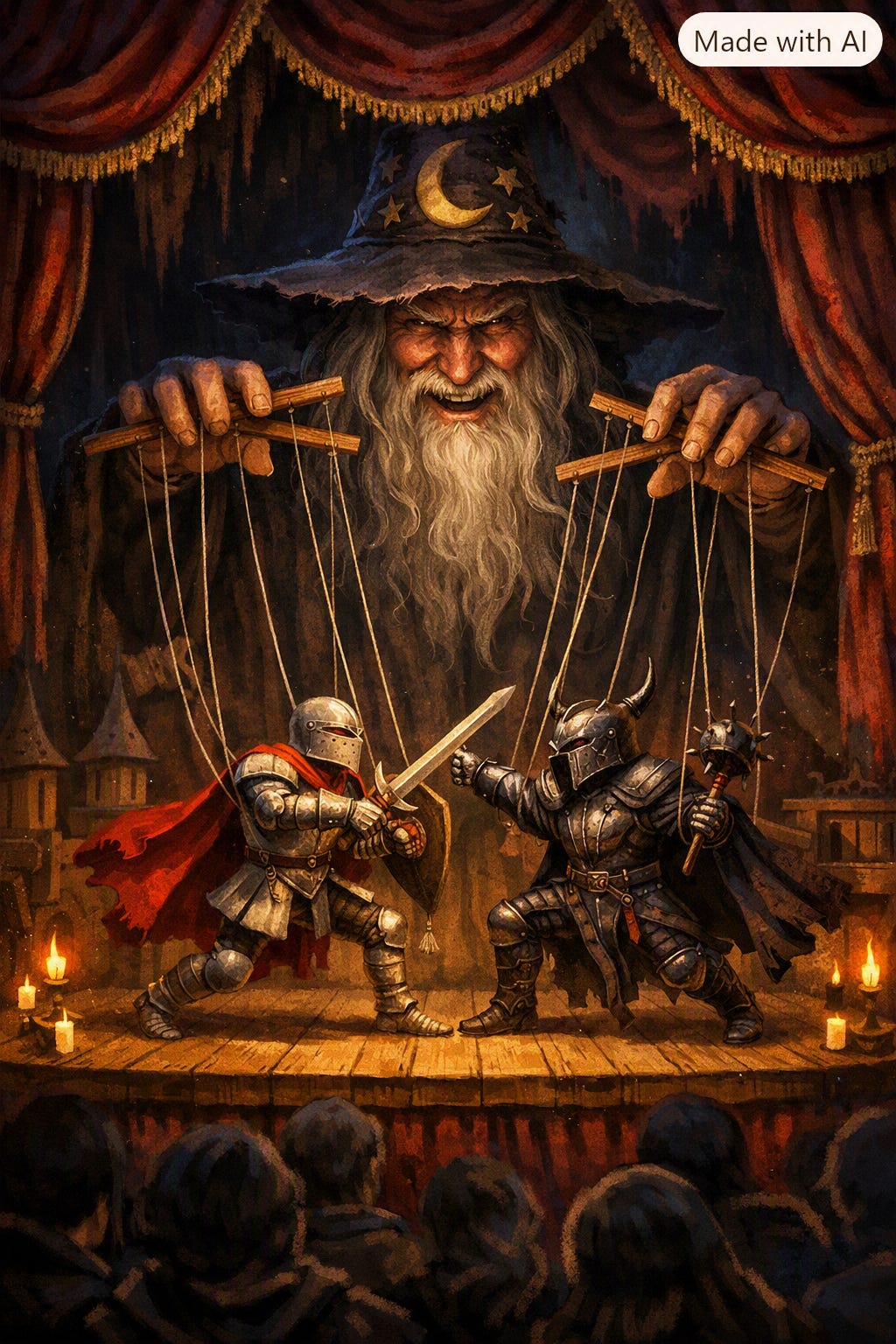 AI-generated image of a wizard pulling puppet strings of two knights fighting, with the caption How dare you call this a Psyop? It’s a real fight! AI-generated image of a wizard pulling puppet strings of two knights fighting, with the caption How dare you call this a Psyop? It’s a real fight!