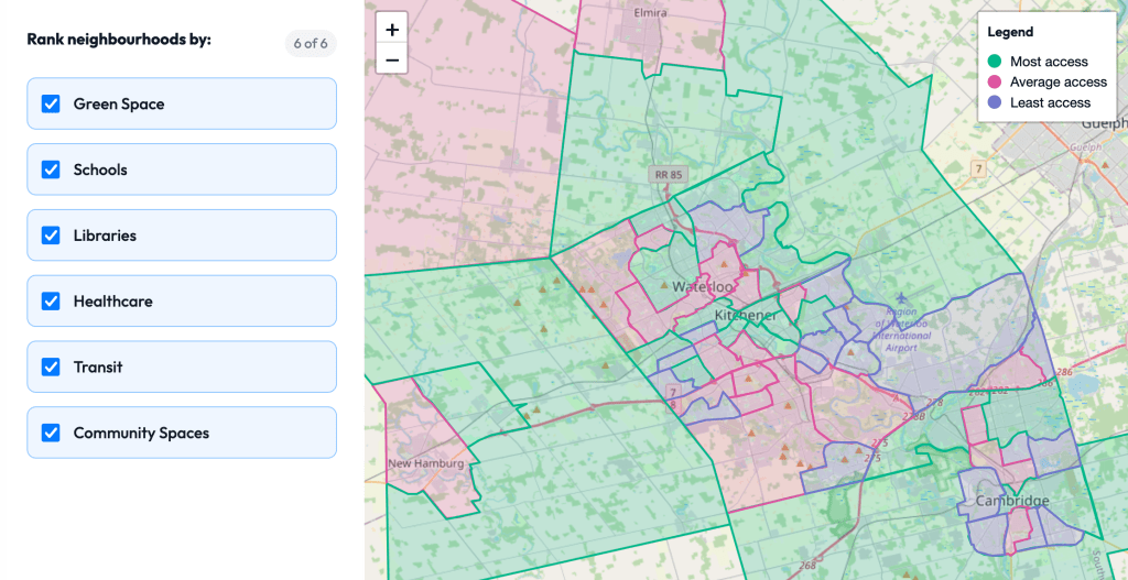 Screenshot of the neighbourhood services map, showing neighbourhoods of Waterloo Region colour-coded in green, pink, and purple.