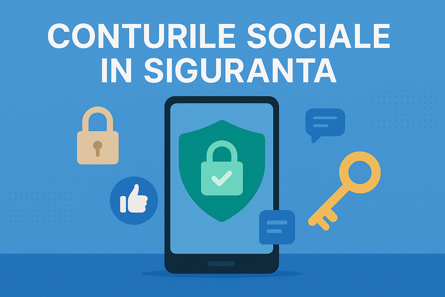 Ilustrație vectorială flat 16 : 9 pe fundal bleu-ciel; titlul alb fără diacritice «CONTURILE SOCIALE IN SIGURANTA». În centru, un smartphone afișează iconuri like și chat acoperite de un scut verde cu lacăt; în jur plutesc pictograme cheie și lacăt bej – stil modern, linii clare, look tech proaspăt.