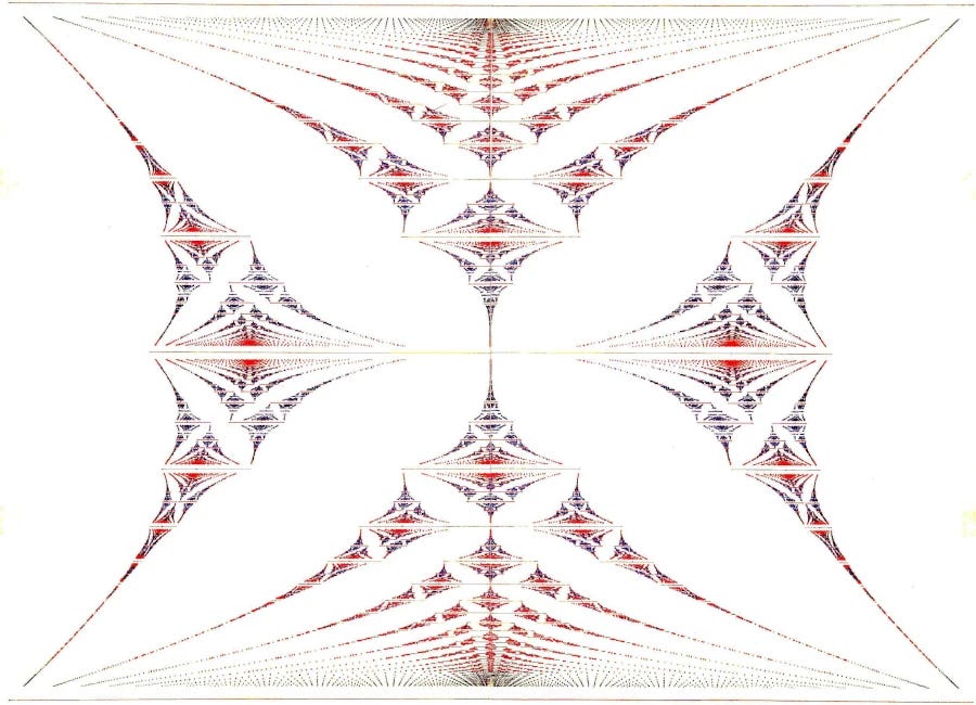 Hofstadter's classic pattern: fractal, symmetrical and self-similar. The gaps within the fractal plot resemble a butterfly's wing. Hofstadter's classic pattern: fractal, symmetrical and self-similar. The gaps within the fractal plot resemble a butterfly's wing.