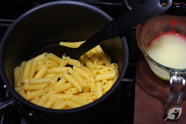 Step 3 - Add the penne pasta to the boiling water and cook according to the instructions: drain, and reserve about ½ cup of the pasta cooking water. Step 3 - Add the penne pasta to the boiling water and cook according to the instructions: drain, and reserve about ½ cup of the pasta cooking water.