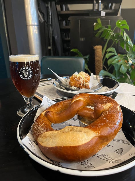 At the Open Gate Brewery: pretzels, punters and a wonderful sign