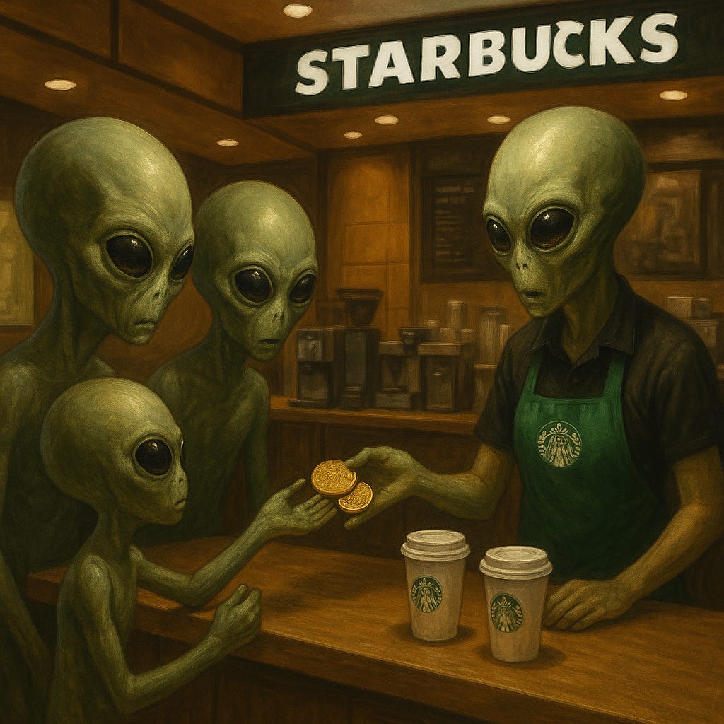 Aliens Using Gold Coins To Buy Coffee - Not.