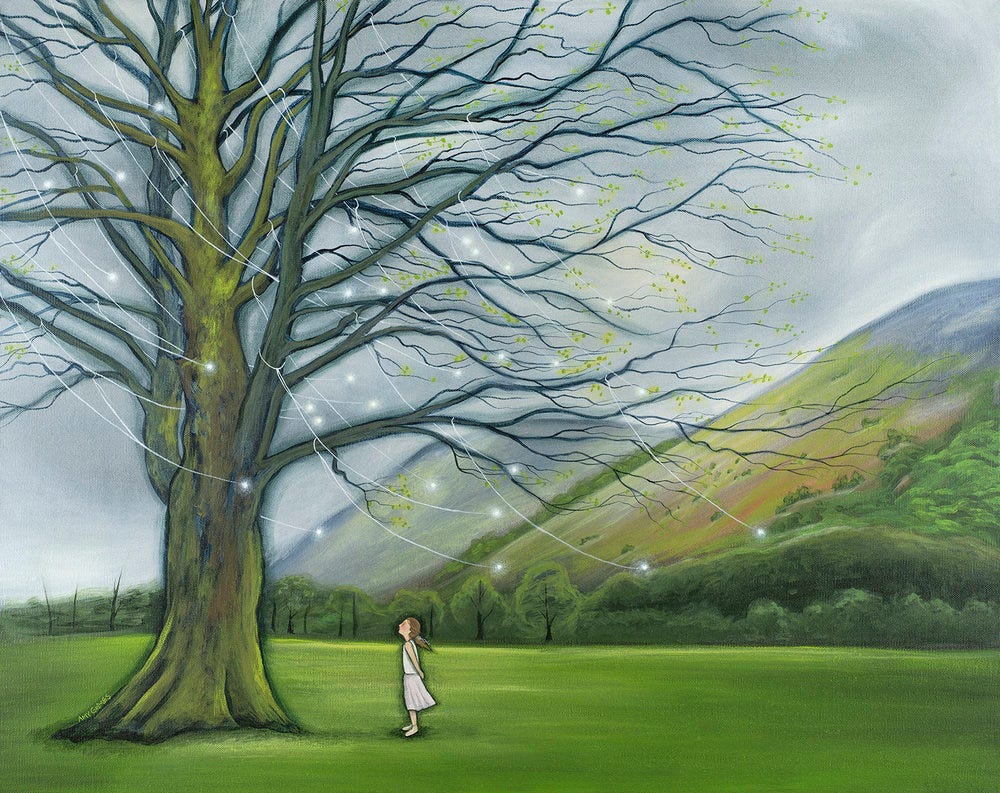 WONDER 24X30 Acrylic on Gallery Canvas SOLD  Have you ever felt small and insignificant? It’s an unpleasant sensation. For me, it comes when I compare myself to other people who are more successful or beautiful or impressive than I. But have you ever felt that magical sort of smallness that comes from standing at the base of an enormous blue-green mountain? Or staring up into the branches of an ancient, mossy tree? That is a different kind of feeling. It’s the kind that whispers, “You’re small and special. You’re a tiny treasured part of a vast and beautiful plan.”