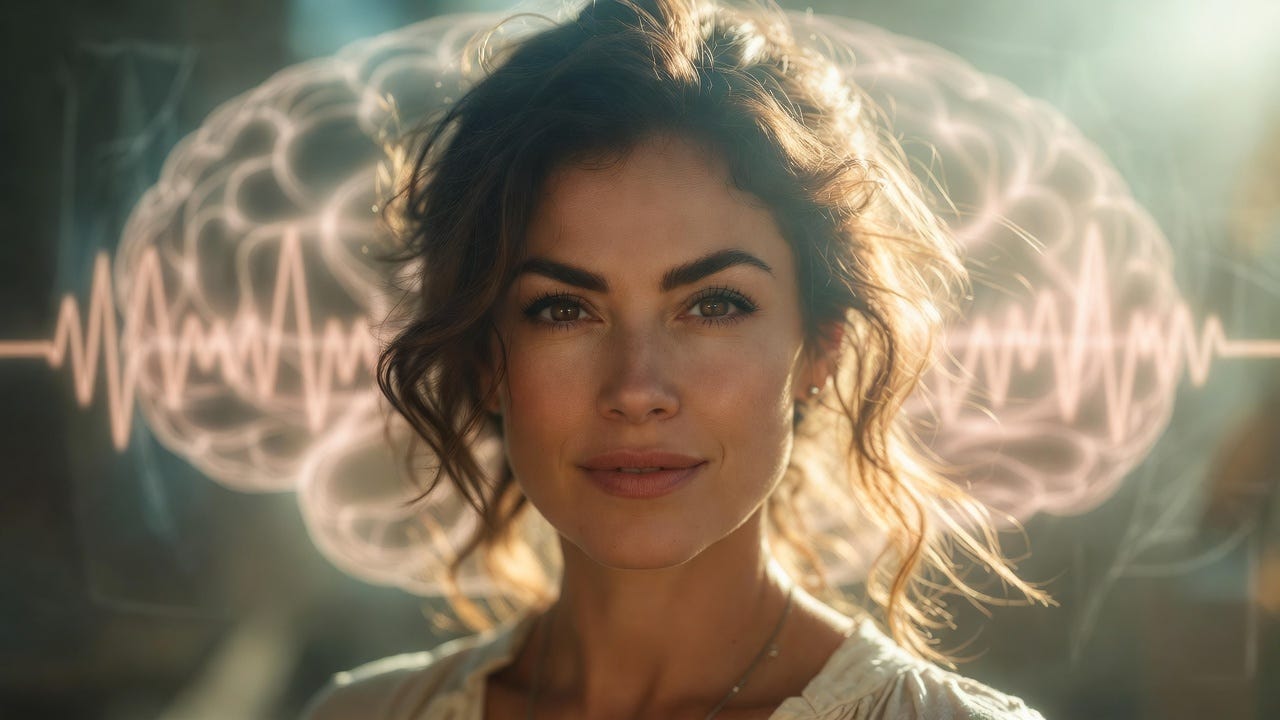 Empowered woman illustrating adult ADHD in women, featuring abstract neural connections and heartbeat waves to represent invisible struggles, emotional dysregulation, and building self-trust