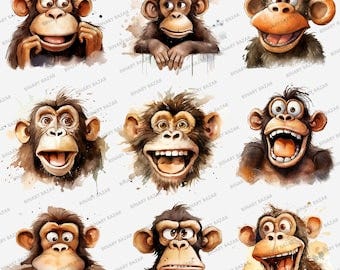 34 Funny Monkey Faces Clipart: Watercolor Quirky Animals PNG Bundle  (Commercial Use)