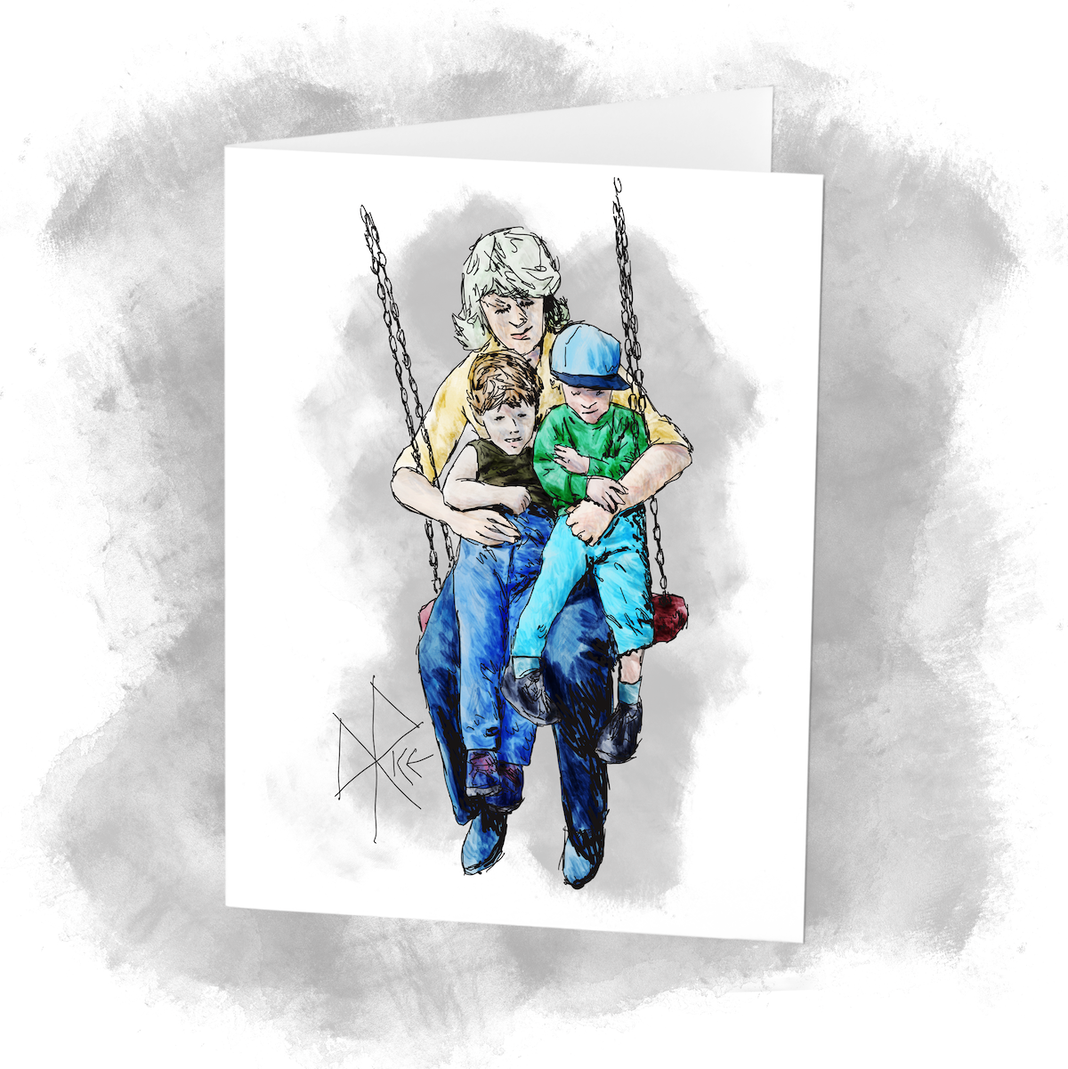 A teen girl sits on a swing, holding two boys in her lap. Sketch art by Don Rice. A teen girl sits on a swing, holding two boys in her lap. Sketch art by Don Rice.