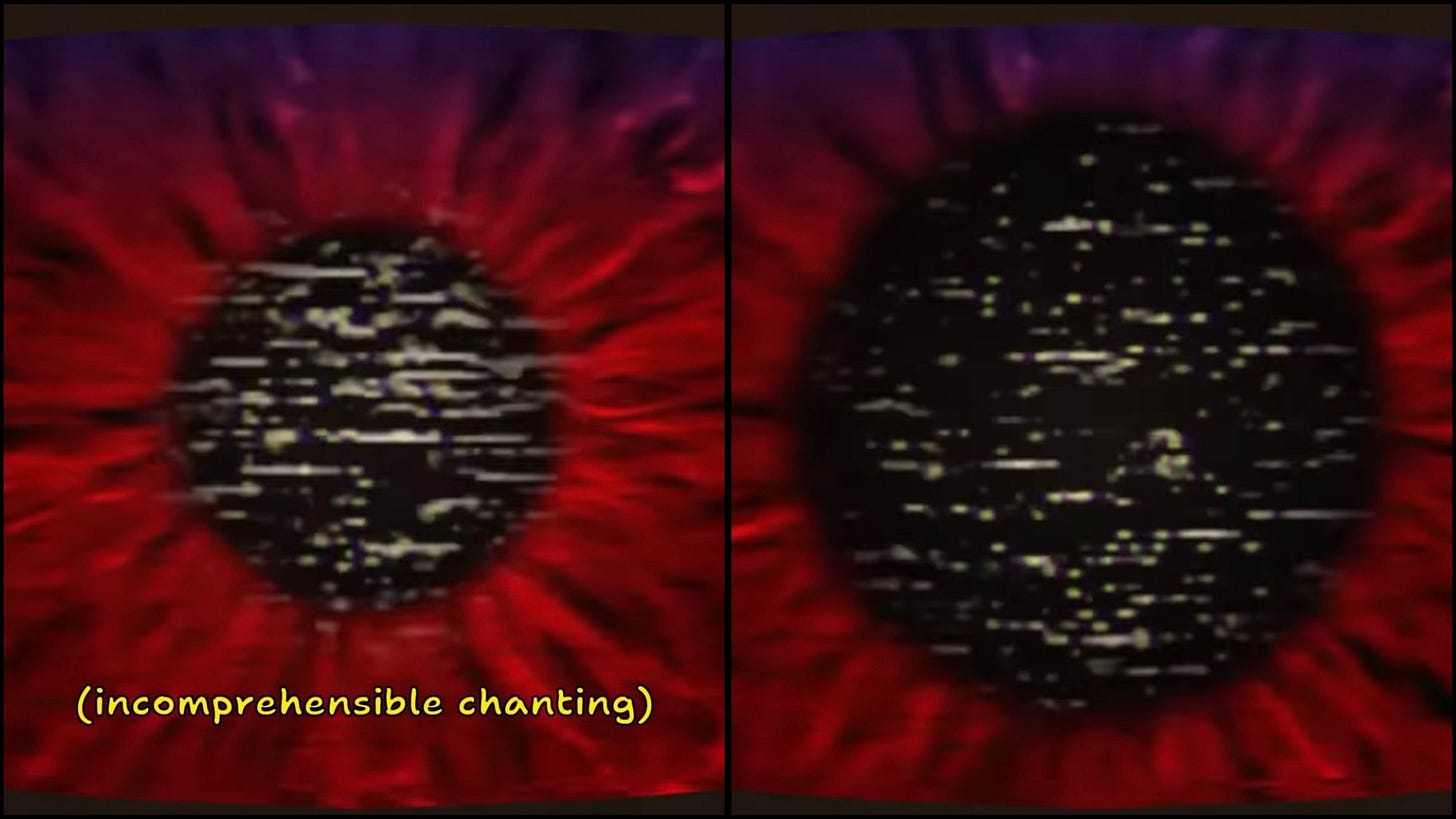 A static-filled pupil dilating.