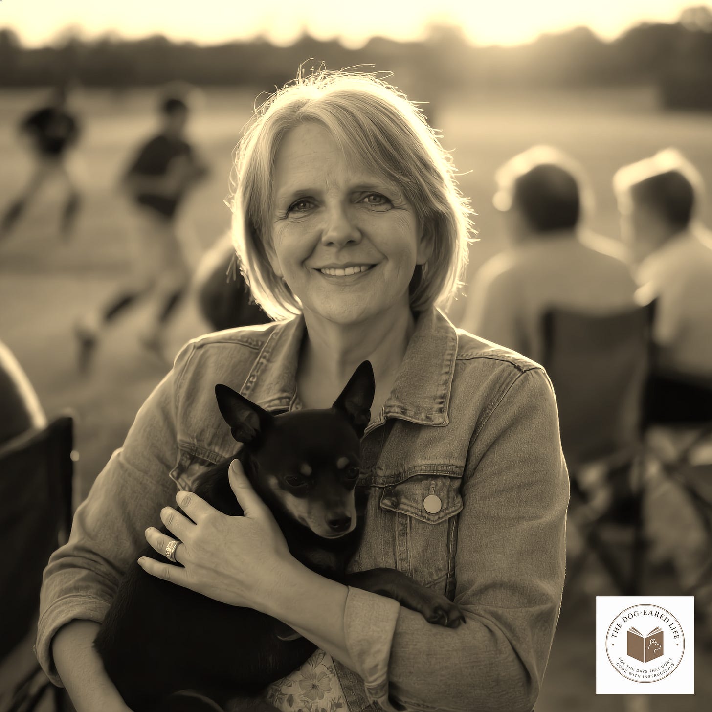 Holding Zoey close at ballgame, sons playing baseball, miniature pinscher, Same Afternoon substack article by Trina Daniels