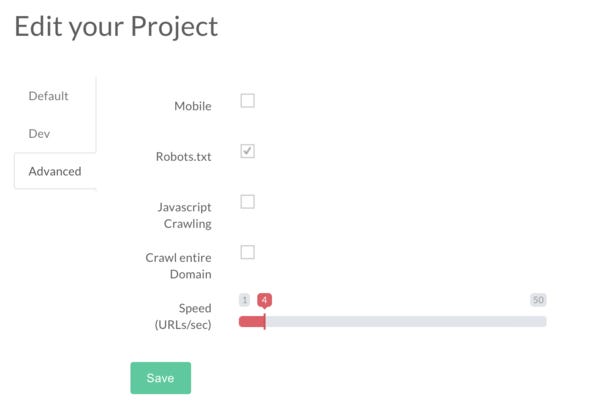 Menú de configuración de proyecto