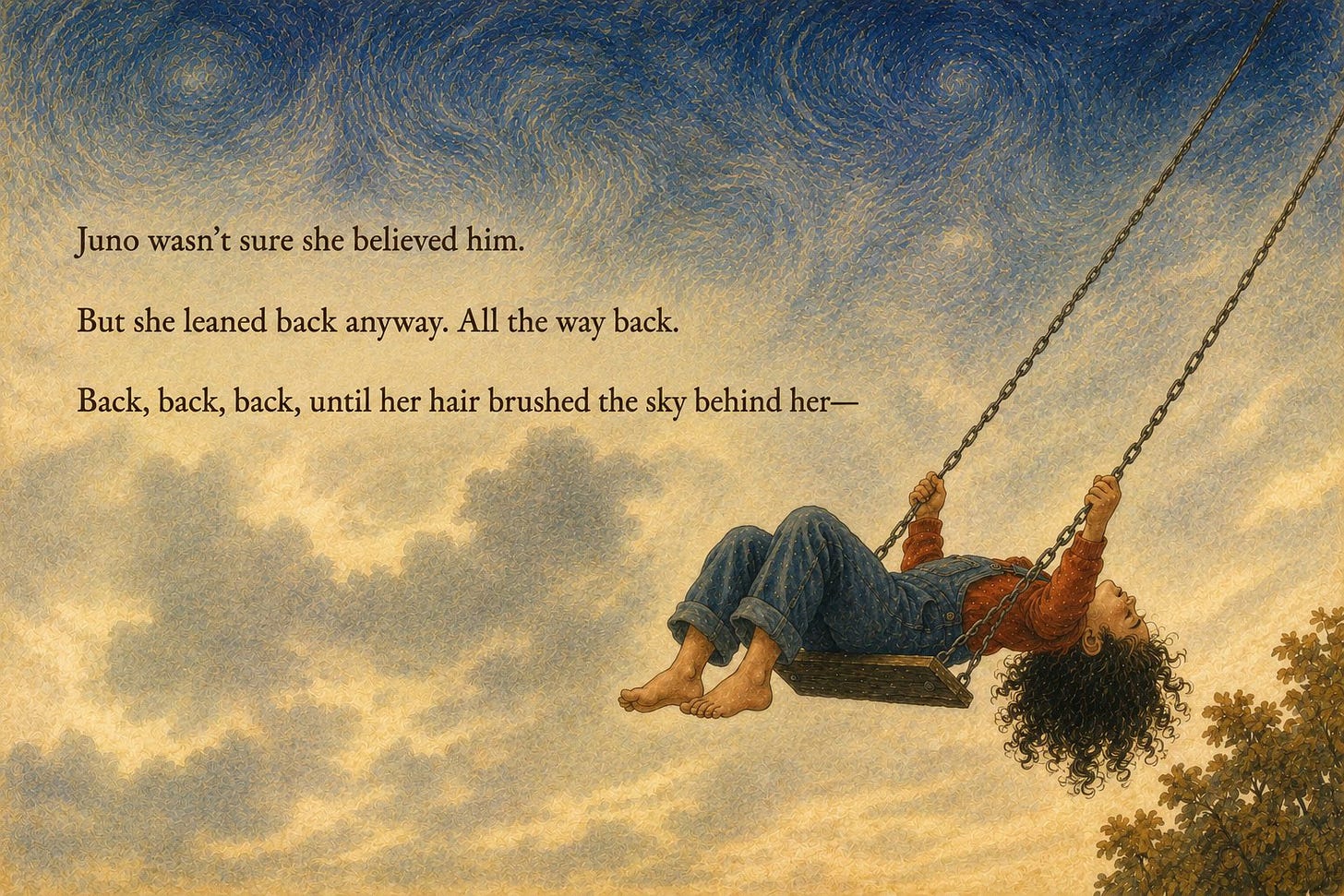 Juno wasn't sure she believed him. But she leaned back anyway. All the way back. Back, back, back, until her hair brushed the sky behind her. Juno leans far back on the swing against a swirling evening sky.