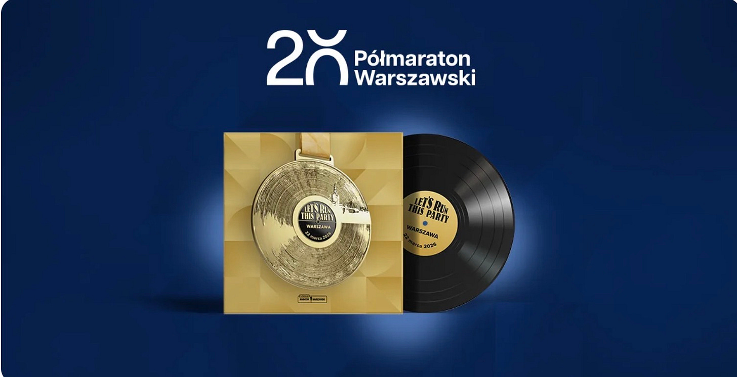 Warsaw Half Marathon race graphic emphasizing vinyl-record-themed medal.