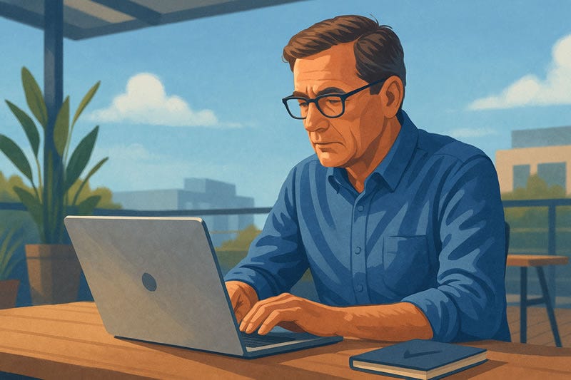 Ilustración digital realista de un hombre senior trabajando concentrado en su portátil en una terraza moderna y luminosa, representando la determinación y confianza necesarias para volver a intentarlo en el emprendimiento digital.