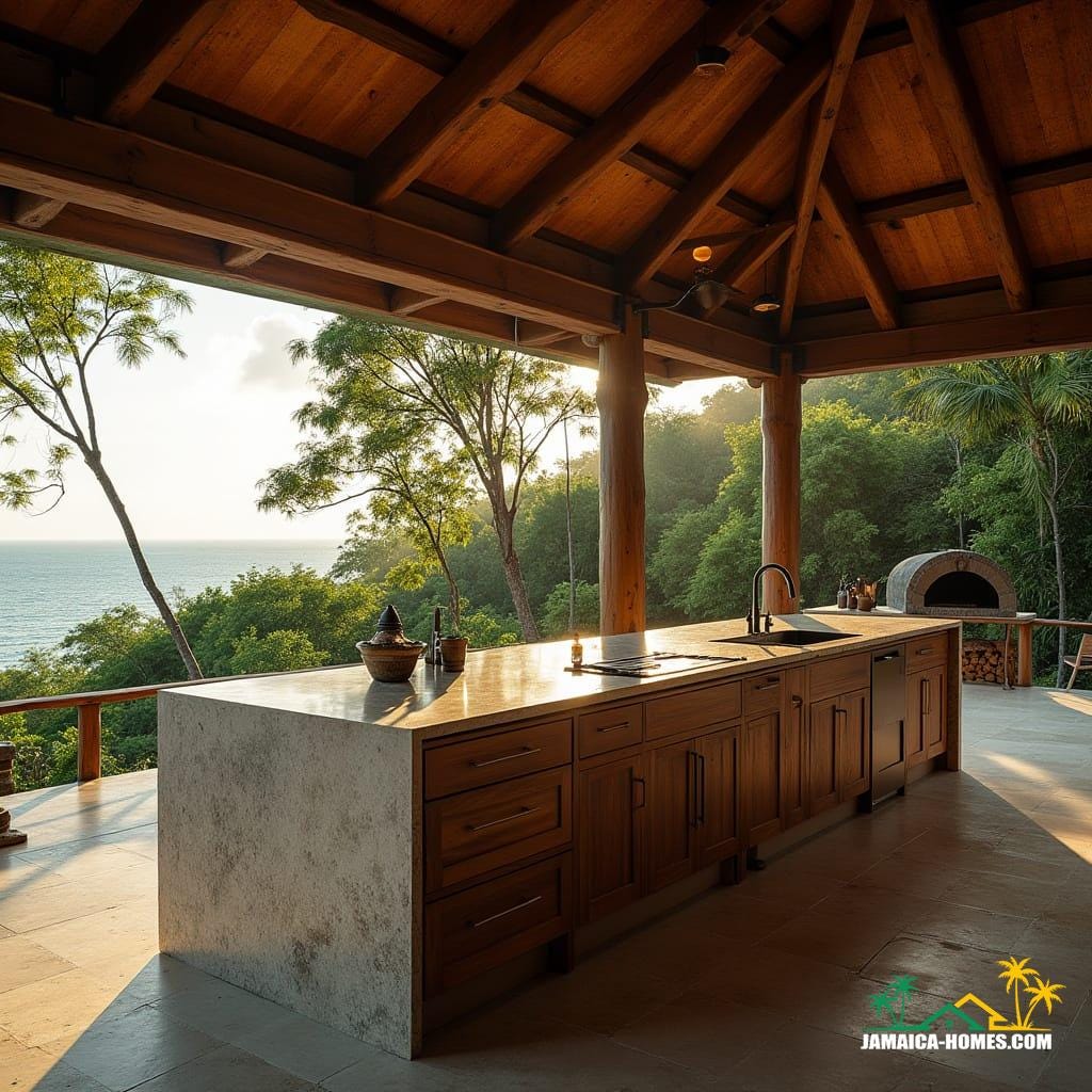 An ultra-luxurious outdoor kitchen, crafted from rich teak and mahogany, seamlessly integrated into a multimillion-pound off-the-grid wooden estate, nestled in the lush green mountains of Jamaica