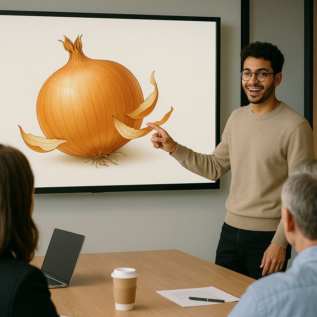 Entrepreneur presenting an illustration of an onion to colleagues during a startup pitch, explaining the layers of the Onion Theory of Risk.