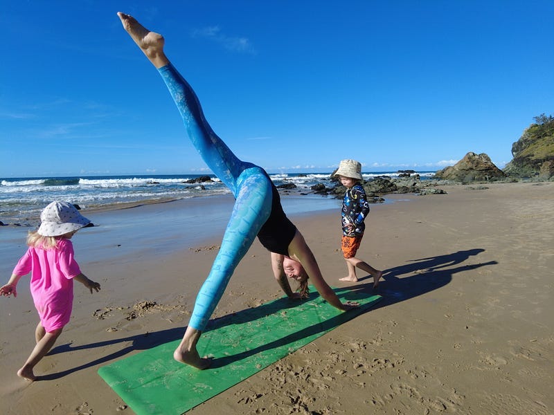 Beach Yoga with my kids, 2024, NSW, Australia, Copyright by author