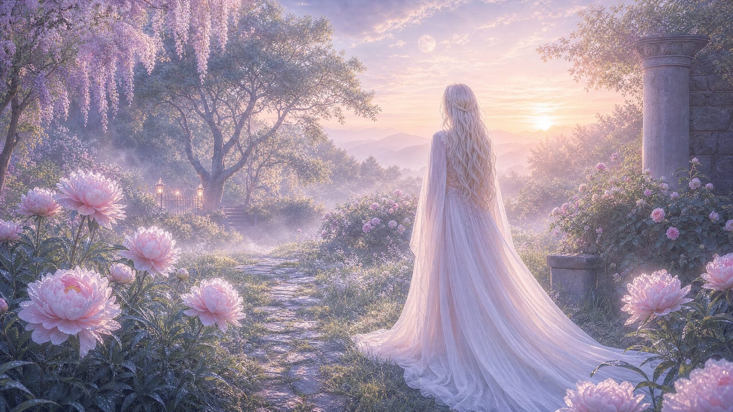 Une femme aux longs cheveux blancs, vêtue de blanc, se tient de dos dans un jardin à l’aube, entre fleurs pâles, brume légère et lumière douce de la lune qui s’efface. Une femme aux longs cheveux blancs, vêtue de blanc, se tient de dos dans un jardin à l’aube, entre fleurs pâles, brume légère et lumière douce de la lune qui s’efface.