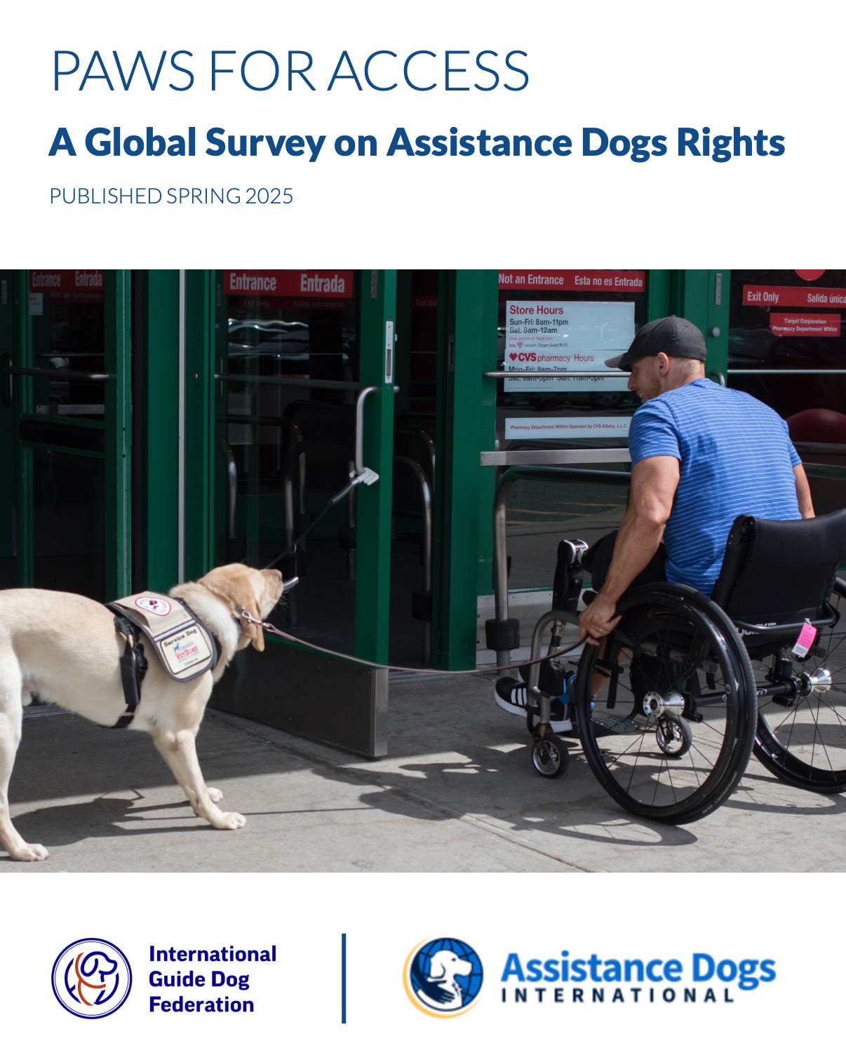 Cover of the report, a wheelchair user with his assistance dog at an entrance