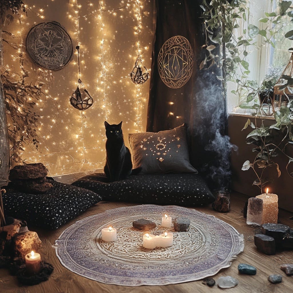 A cozy sacred space perfect for crisis management, featuring protective crystals and comfort items
