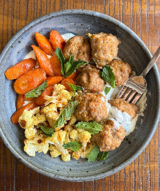 Spiced Turkey Meatballs over Mint Yogurt with Carrots & Cauliflower
