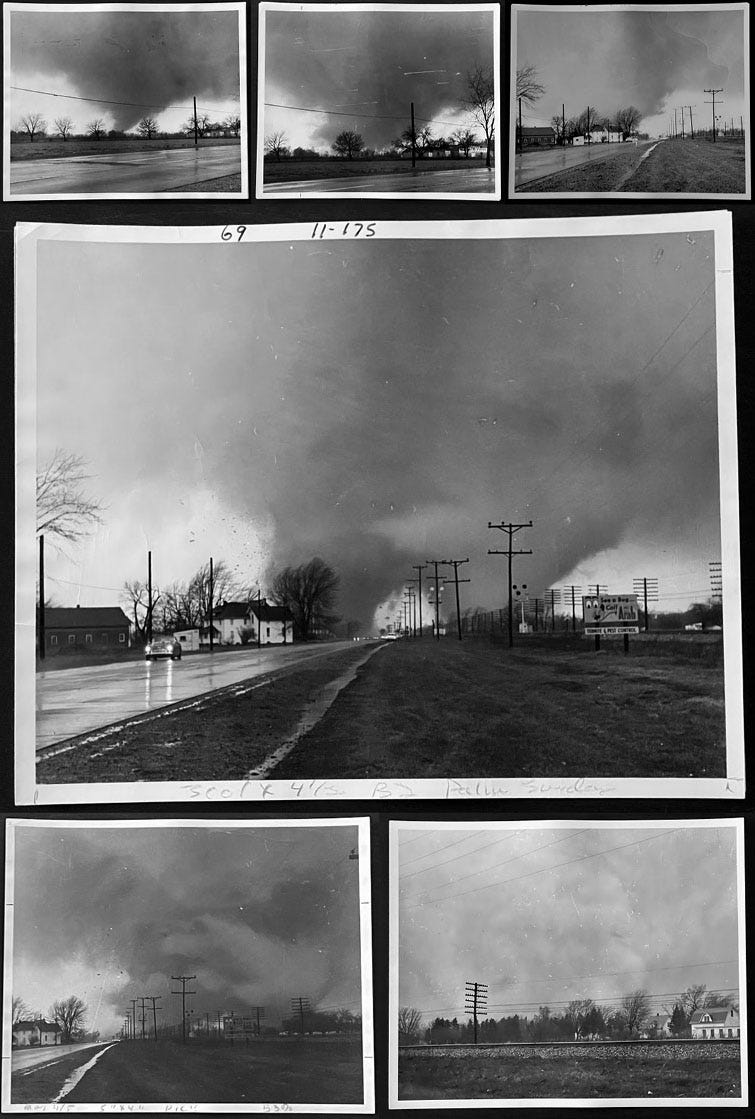 El 11 de abril de 1965, Paul Huffman conducía de regreso a casa por la U.S. 33 cuando se topó con los tornados. Tomó varias fotografías, la del centro es la primera de la historia que capturó una nube de embudo doble.