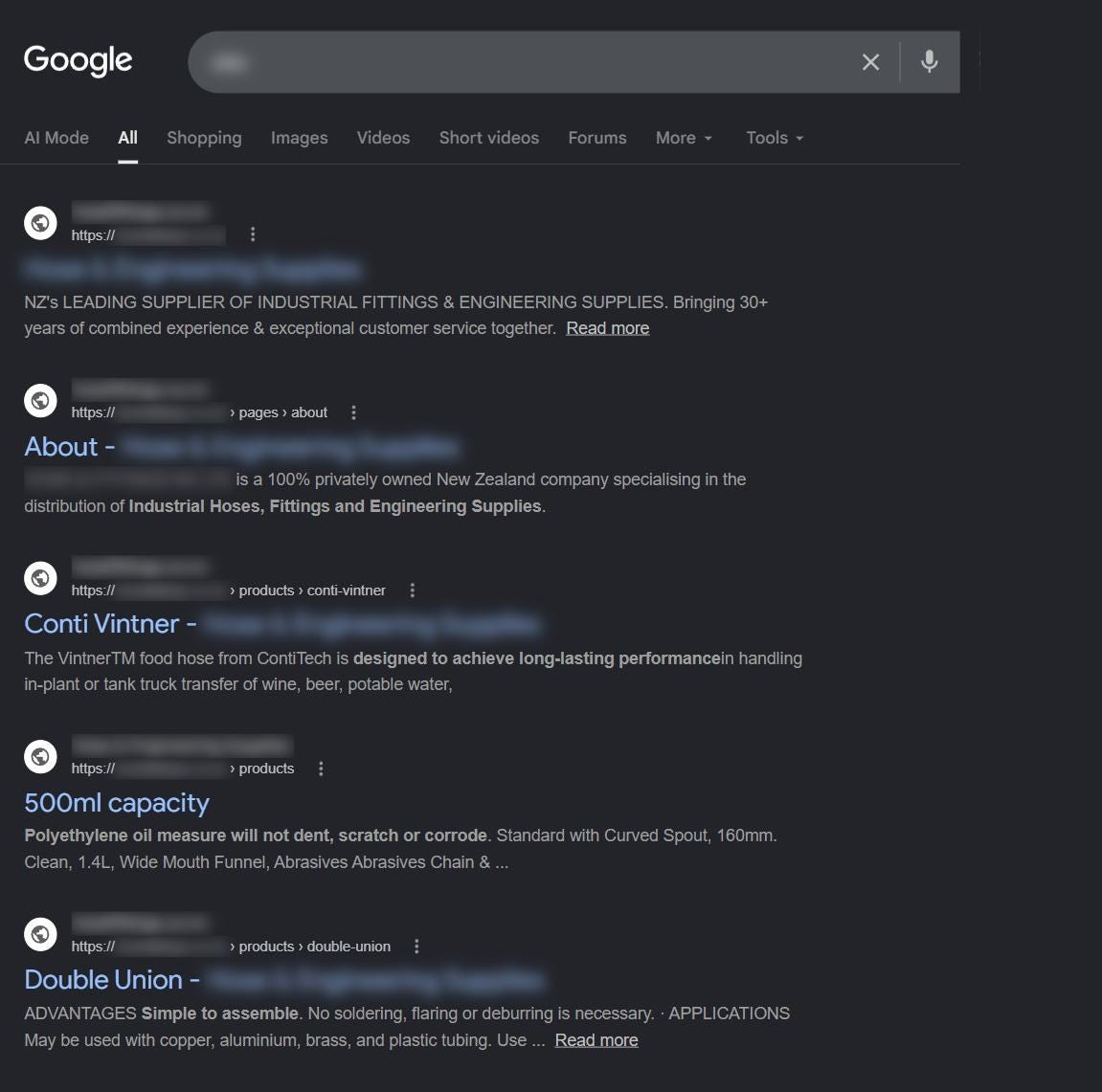 Google search results showing the same title tag repeated on multiple pages of one online store