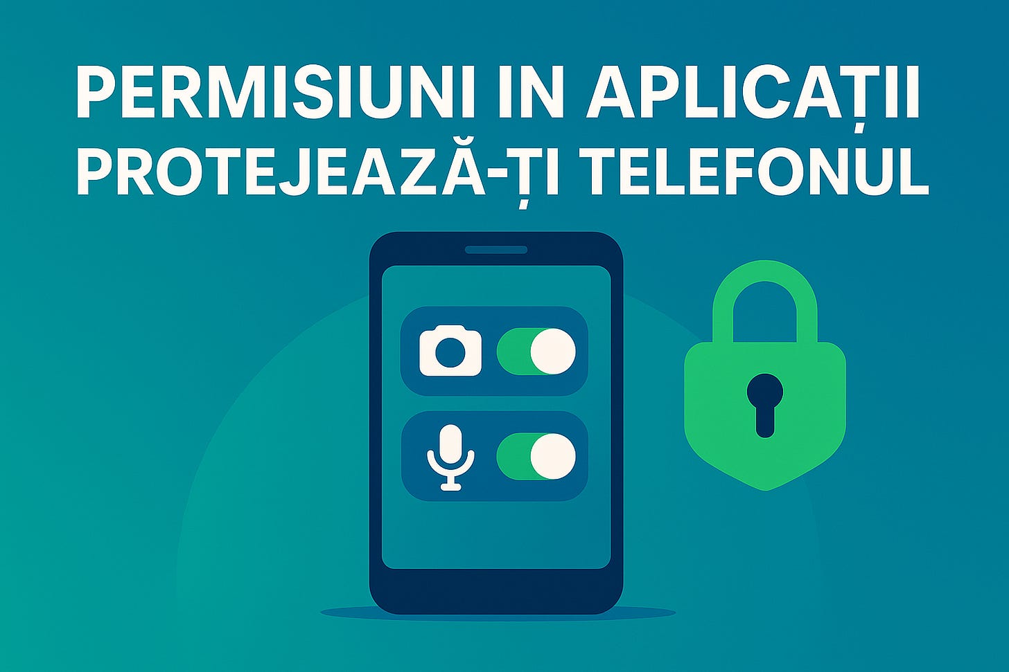 Ilustrație vectorială flat în format 16:9, cu fundal gradient albastru-verde; titlul mare «Permisiuni în aplicații – Protejează-ți telefonul», un smartphone central ce afișează două comutatoare (cameră și microfon) și un lacăt verde simbolizând securitatea. Ilustrație vectorială flat în format 16:9, cu fundal gradient albastru-verde; titlul mare «Permisiuni în aplicații – Protejează-ți telefonul», un smartphone central ce afișează două comutatoare (cameră și microfon) și un lacăt verde simbolizând securitatea.