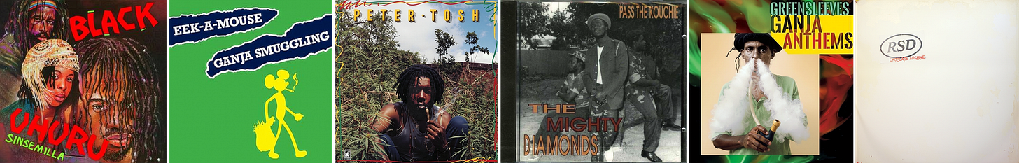 Alt text: Wide banner with six reggae album covers lined up side by side. Titles shown include Black Uhuru Sinsemilla and Eek A Mouse Ganja Smuggling and Peter Tosh and The Mighty Diamonds Pass the Kouchie and Greensleeves Ganja Anthems and a white cover marked RSD.