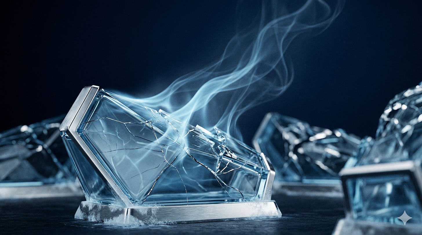 Abstract visualization of translucent crystalline vessels fracturing and releasing luminous blue vapor into a dark background, representing the helium supply chain breaking as cryogenic containers are stranded and irreplaceable gas dissipates beyond recovery.