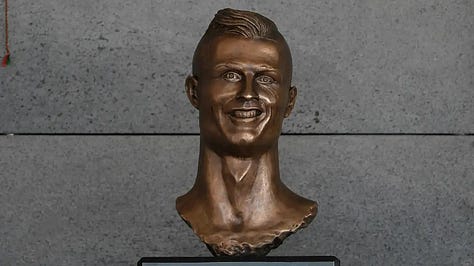 Various images of sculptures of Cristiano Ronaldo, Dwyane Wade, and Martin Luther King, Jr.