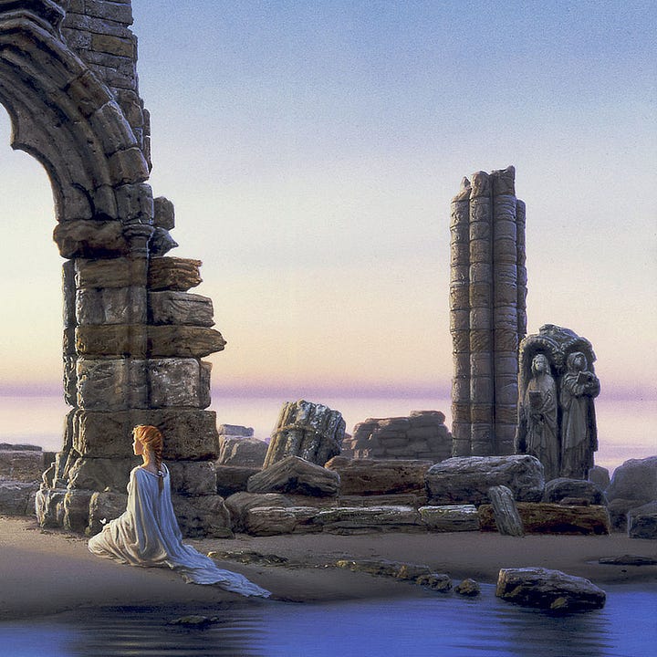 LEFT: Background detail from DAWN PORTAL featuring a robed statue holding a book fallen on its side on the wet sand. The face is now flat and featureless having been eroded with time. The abbey wall behind it is made of mismatched rough stone, varying in color, texture and rectangular dimensions.  RIGHT: Detail from DAWN PORTAL featuring a woman in white gown kneeling at the pointed archway of abbey ruins. Her red hair is braided tightly falling to her mid-back. She wears a white gown that trails behind her to the water’s edge. A pair of statues, a man and woman in robes both holding books, stands in the open air. The female holds her book low while the male clutches a tome to his chest. A fractured column of stone set in layers of rounded blocks rises behind the statues. The rest of the abbey lies in ruins. The sky beyond is blue that fades to the palest yellow then a smoky purple band defining the horizon.