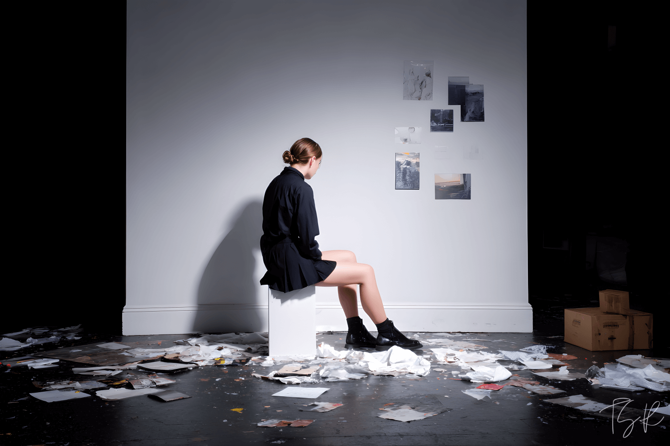 A young woman sits on a stool in a dimly lit, minimalist room, illuminated softly against a wall with a few photos. Shredded pictures and scattered papers cover the floor.
